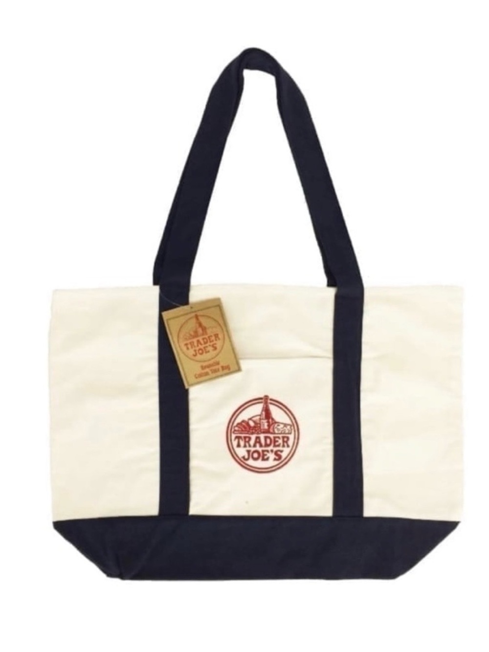 Trader Joe's Large Canvas Tote in cream with navy trim New